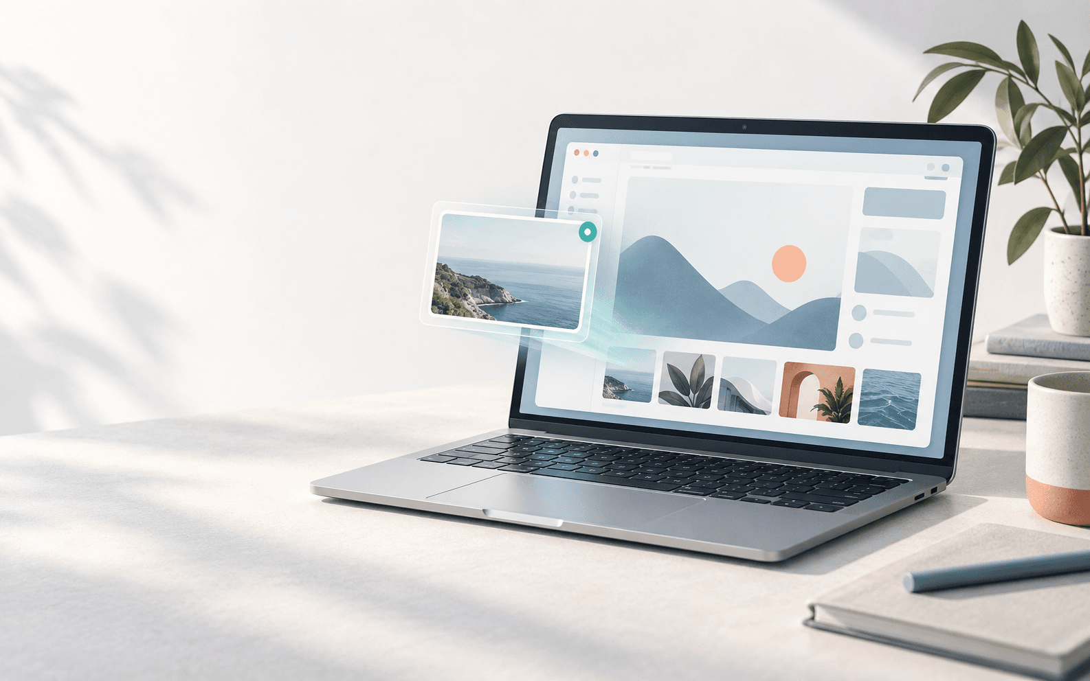 A laptop with a visual browser workspace and one captured image floating in front of it.