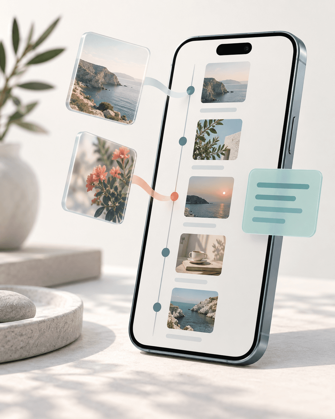 A phone displaying a visual timeline with captured images and a contextual note.